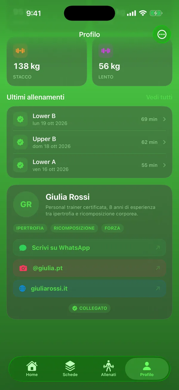 Profilo con il personal trainer collegato