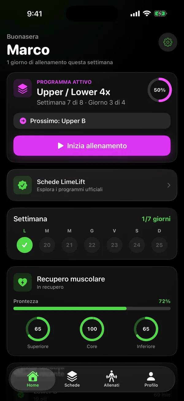 Home con programma Upper/Lower attivo, settimana e recupero muscolare