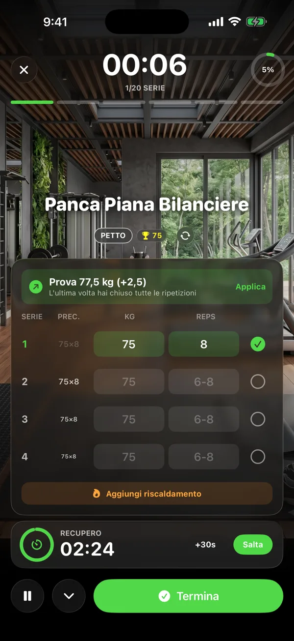 Allenamento con colonna della volta precedente e suggerimento di aumentare a 77,5 kg
